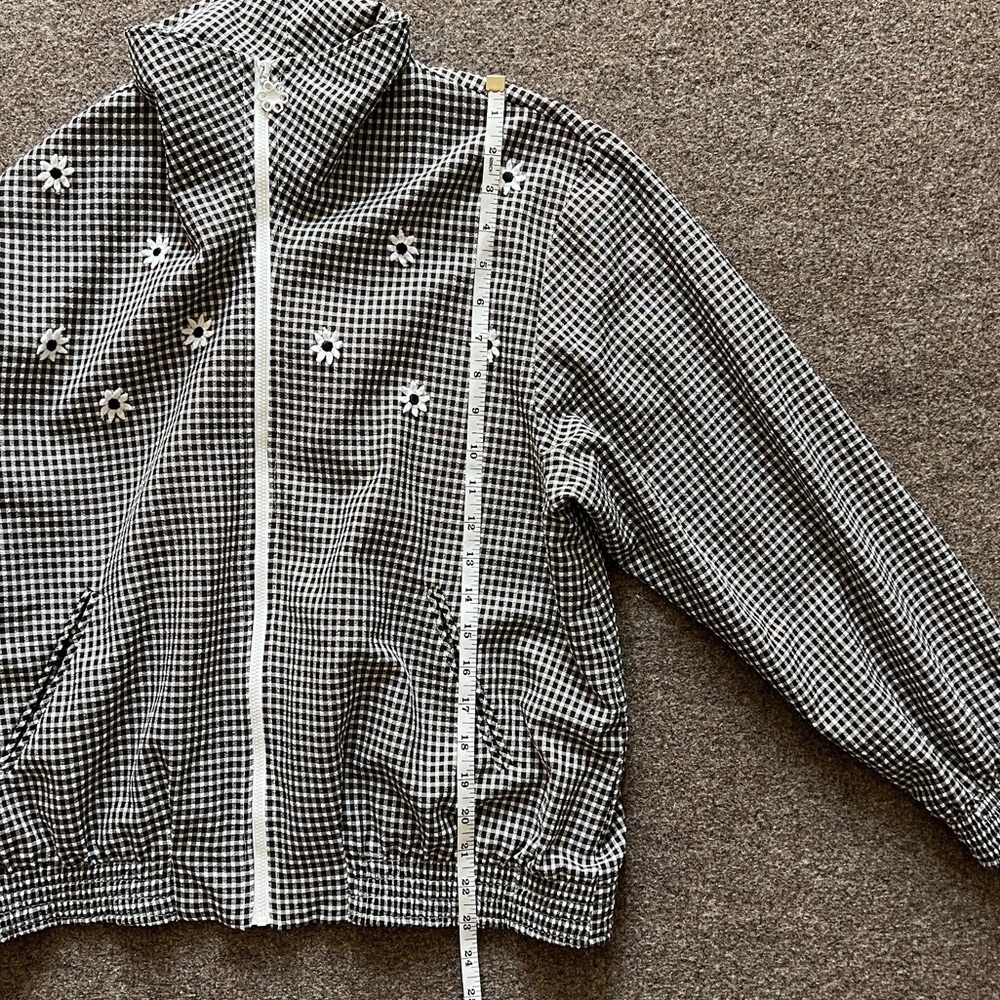 Vintage Zip Up Bomber Jacket Black White Gingham Flowers Lightweight Womens 10 - Picture 12 of 13